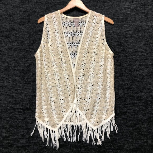 Chicos Size 0 Duster Women's Tan Vest Crochet‎ Open Front Sleeveless Fringe - Picture 2 of 5